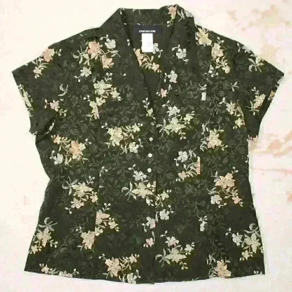 JONES NEW YORK Vintage 90s Pure Silk Kimono Style Crop Floral Button Top Large - Picture 1 of 10